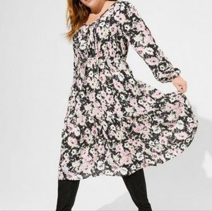 Torrid plus floral swiss dot long sleeves tiered midi dress, 2XL, black